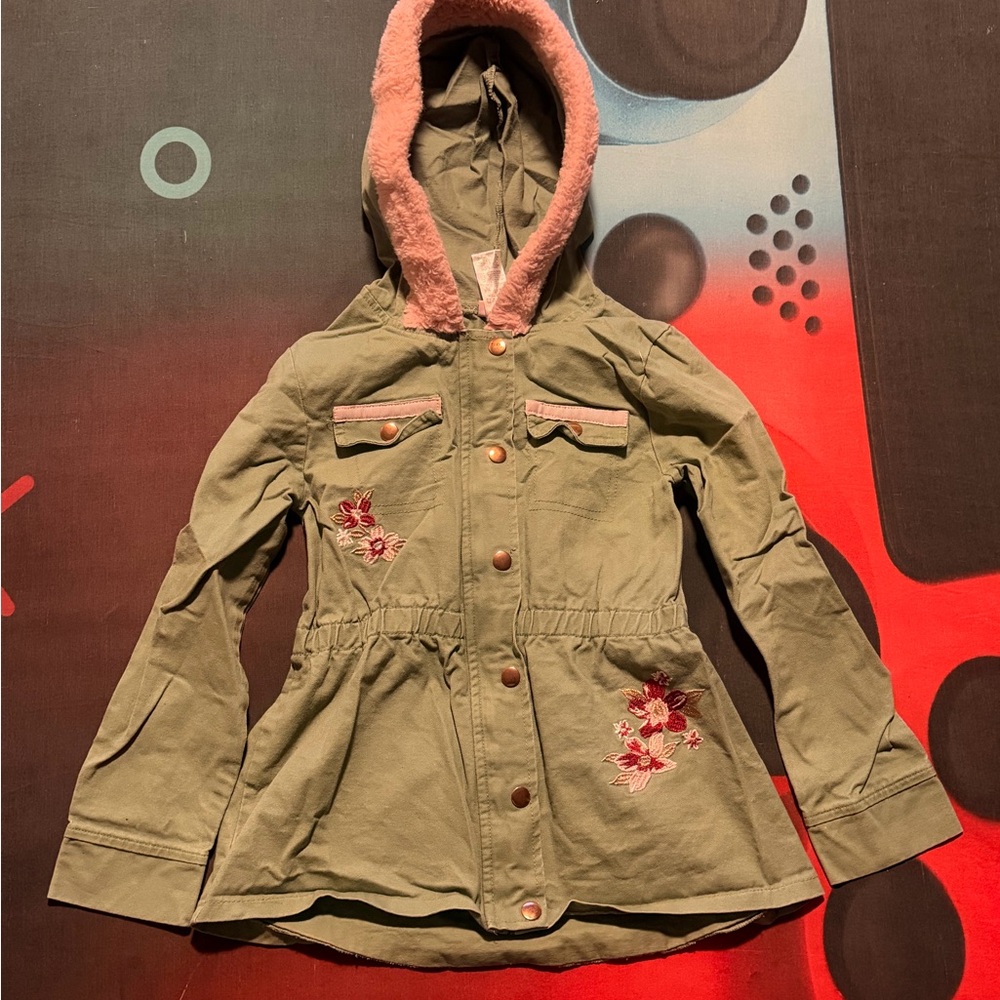 Little Lass Olive Green Raincoat with Pink Floral Accents